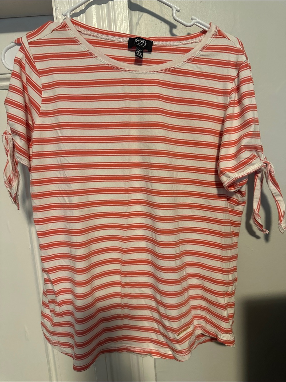 Jones New York Coral and White Striped Tie-Sleeve Tee
